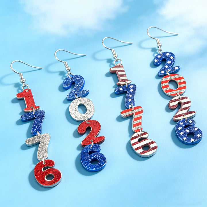 Women’s long earrings with four-digit anniversary number pendants in a patriotic style Kalsten
