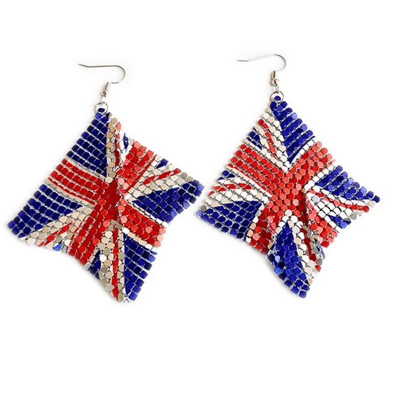 Ladies' long crystal mesh earrings with flag pattern and fishhook clasp Kalsten