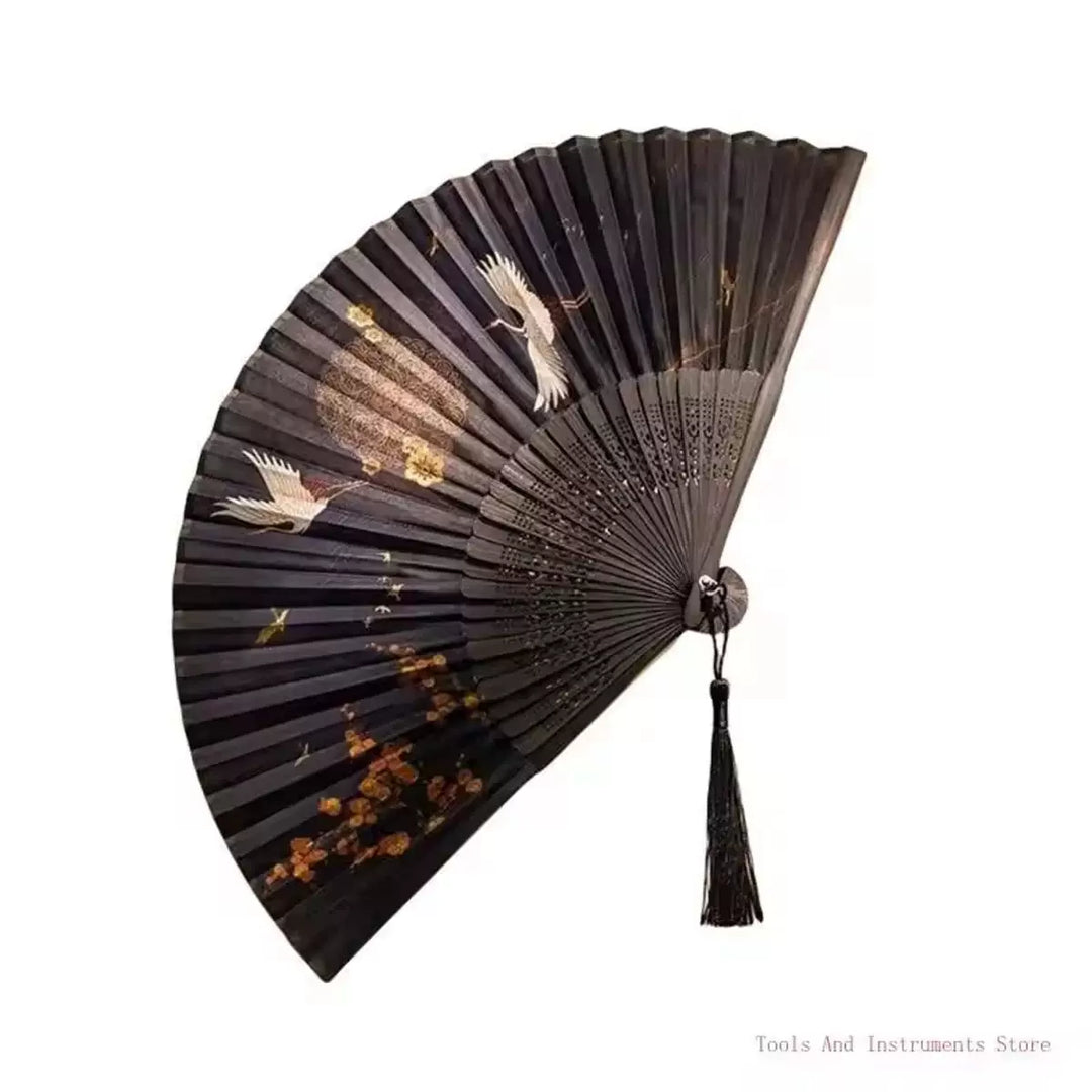 Ladies One Size hand-painted crane and plum blossom fan with carved wood ribs and silk tassel Kalsten