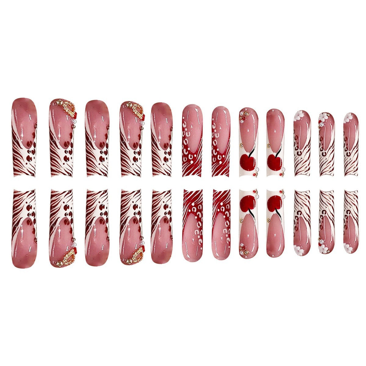 Decorative Long Press-On Nail Art with Gem Accents Acalora