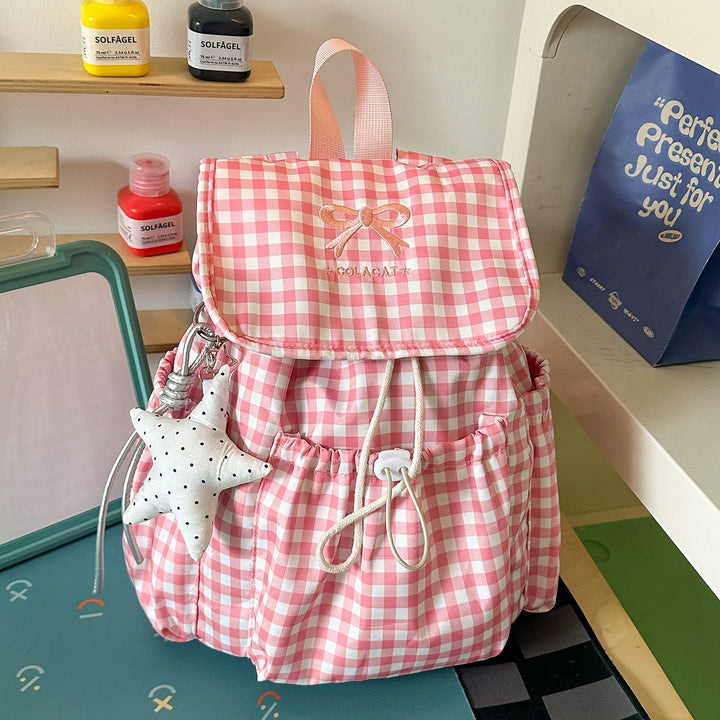 Charming Checked Drawstring School Backpack