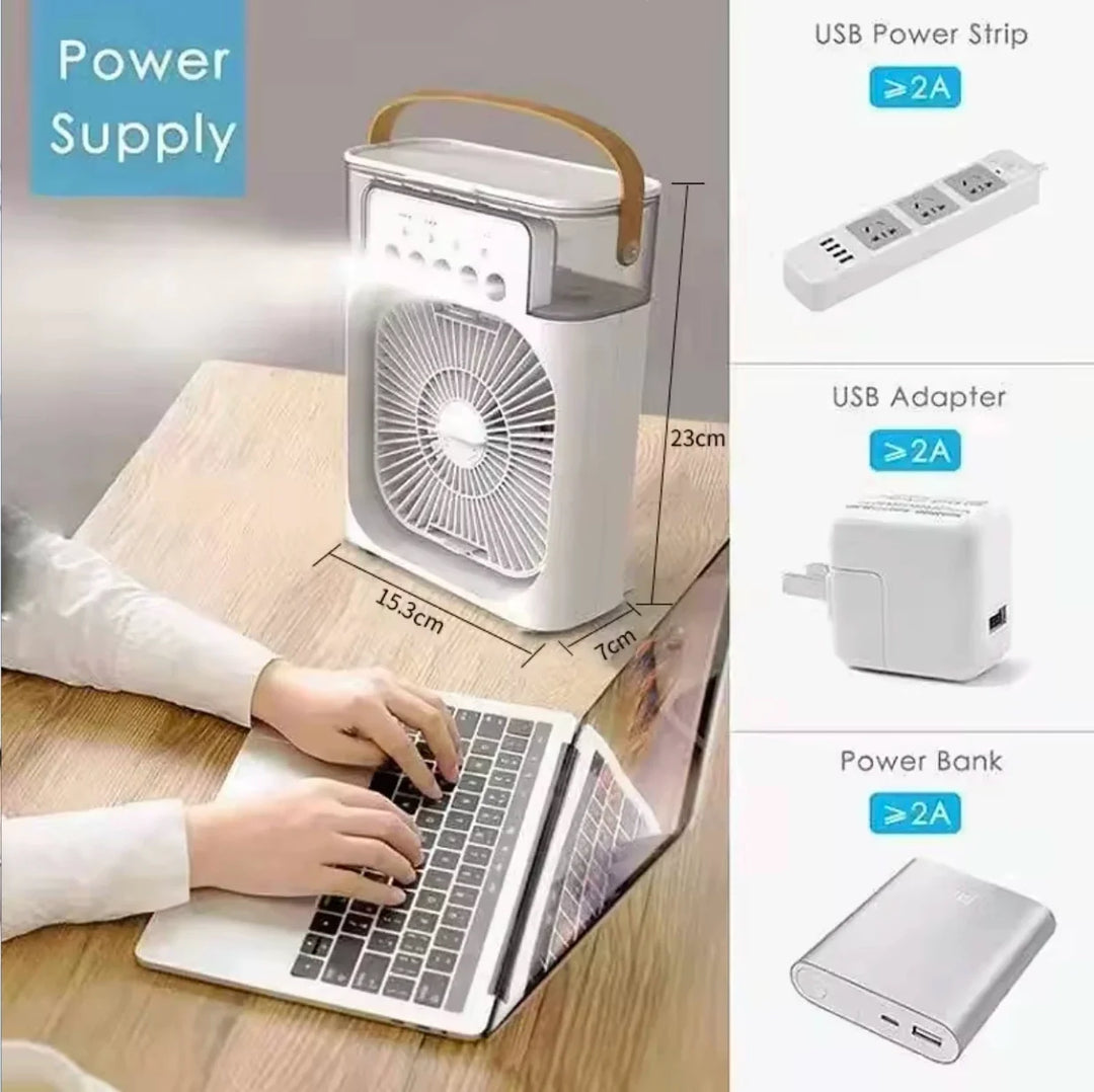Unisex one-size portable USB humidifying fan with three speed settings and seven-color LED lighting