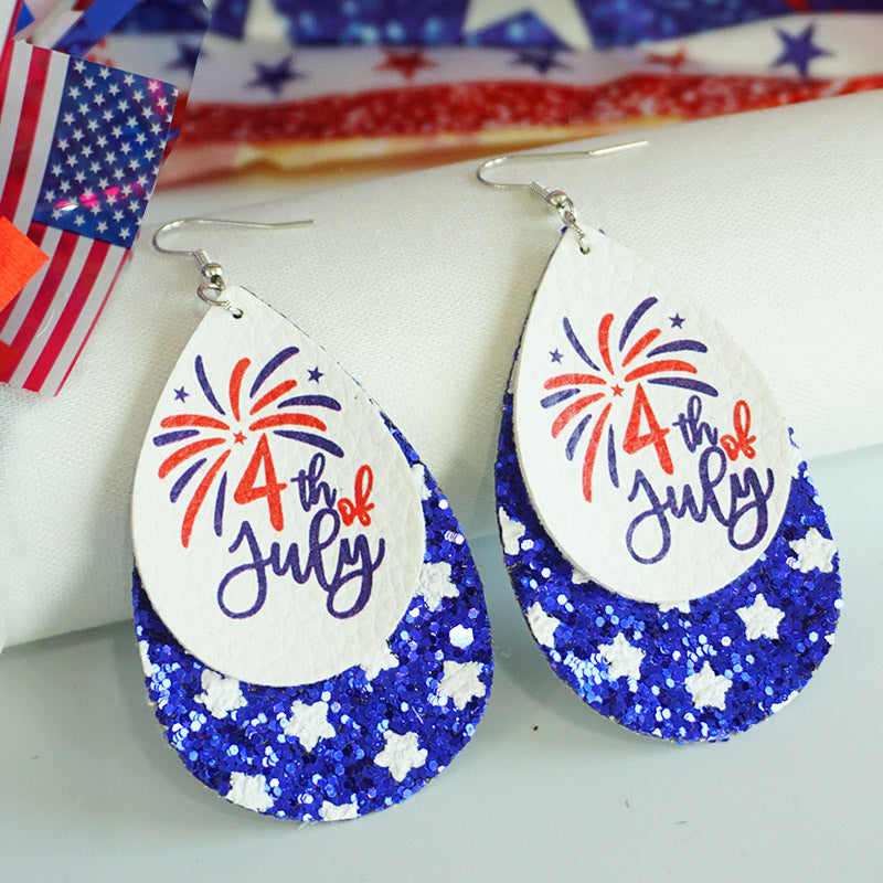 Women's patriotic drop earrings made of faux leather with glitter stars and the inscription Kalsten