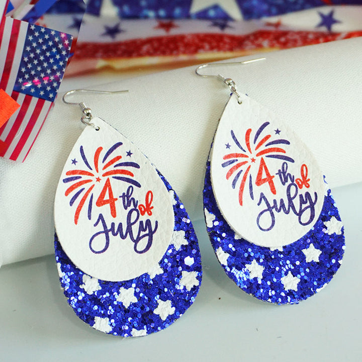 Women's patriotic drop earrings made of faux leather with glitter stars and the inscription Kalsten
