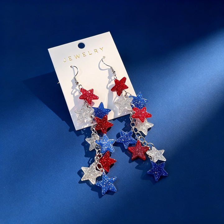 Women's long statement earrings with multi-layered star pendants and fishhook clasp Kalsten