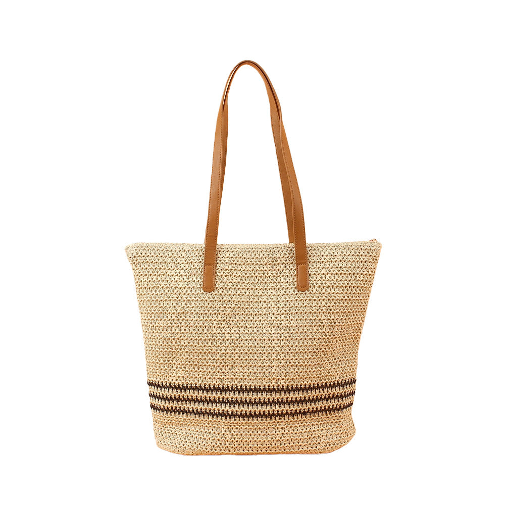 Trendy Beach Bag Made of Woven Straw with Elegant Leather Handles Kalsten