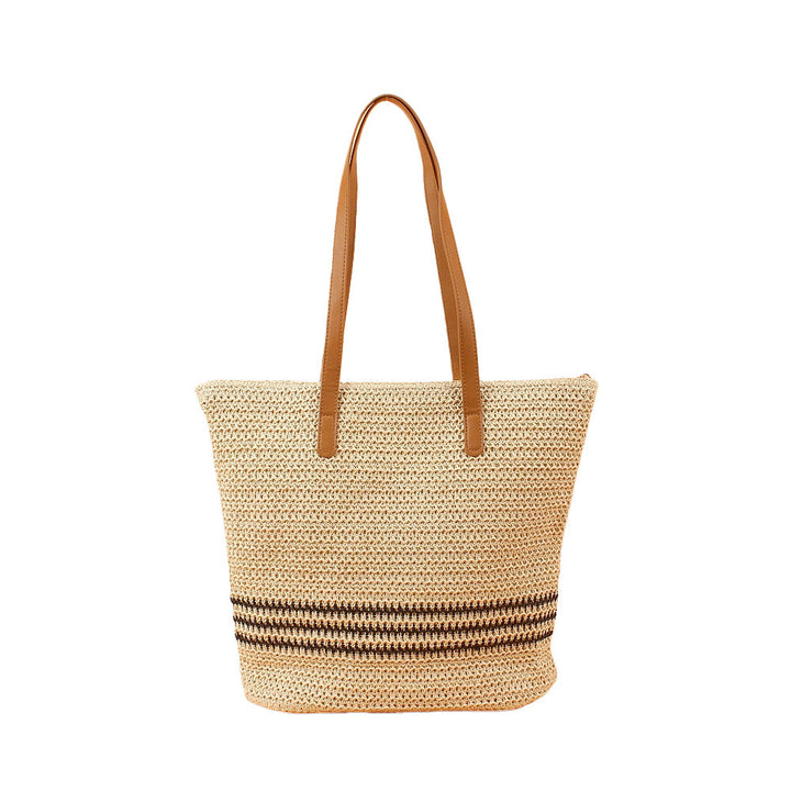 Trendy Beach Bag Made of Woven Straw with Elegant Leather Handles Kalsten