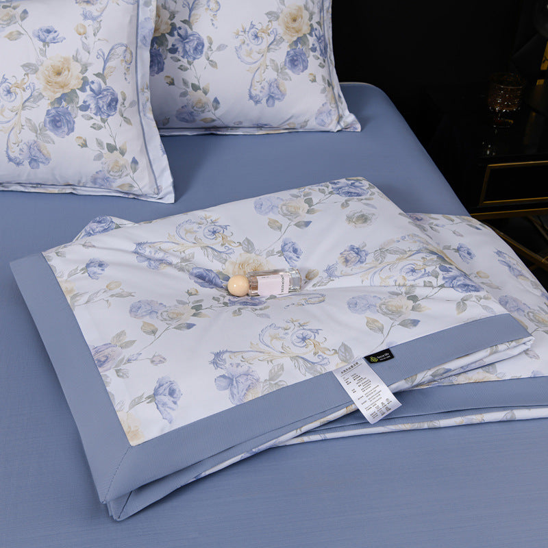 Floral Cotton Sateen Duvet Cover Set With Piped Border And Matching Pillow Shams