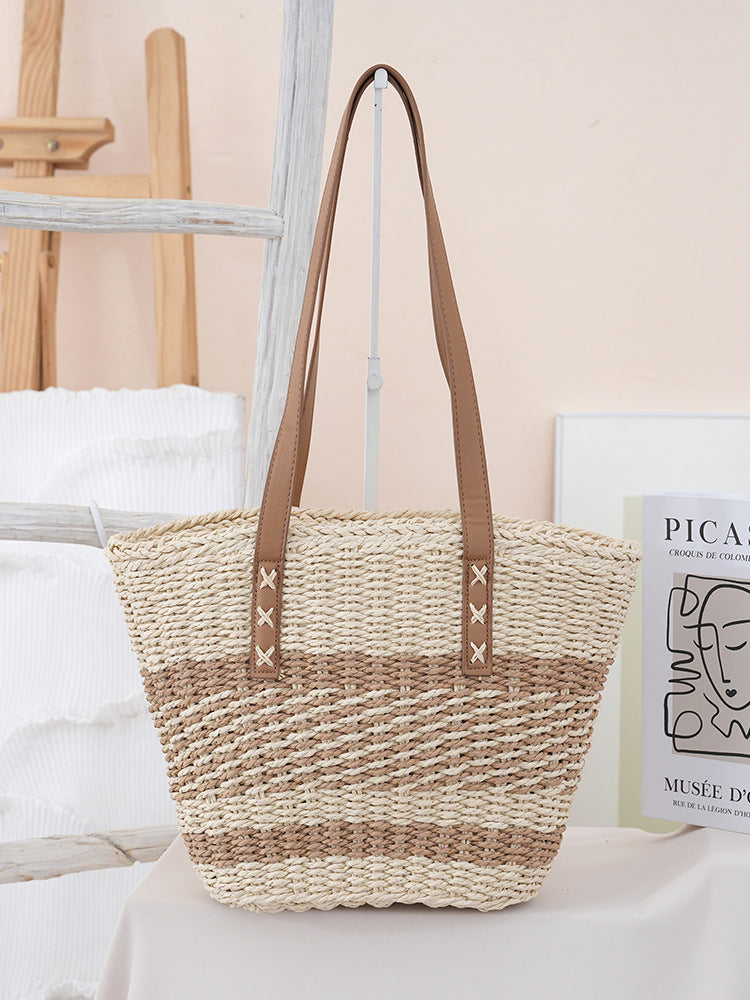 Handwoven beach bag with leather handles Kalsten