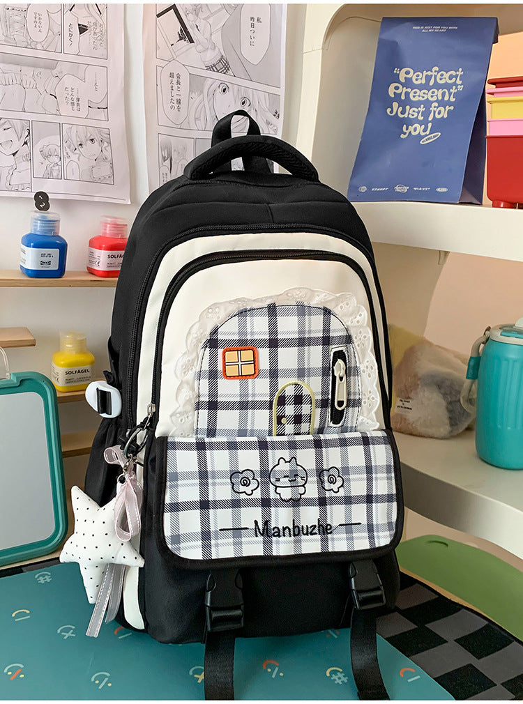 Girls' Playful Checked Pattern School Backpack