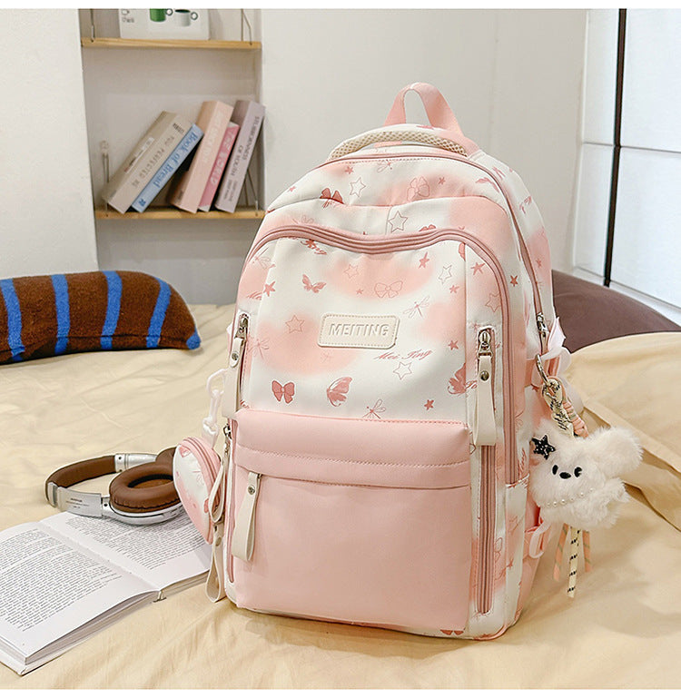 Floral-Print Multi-Pocket School Backpack