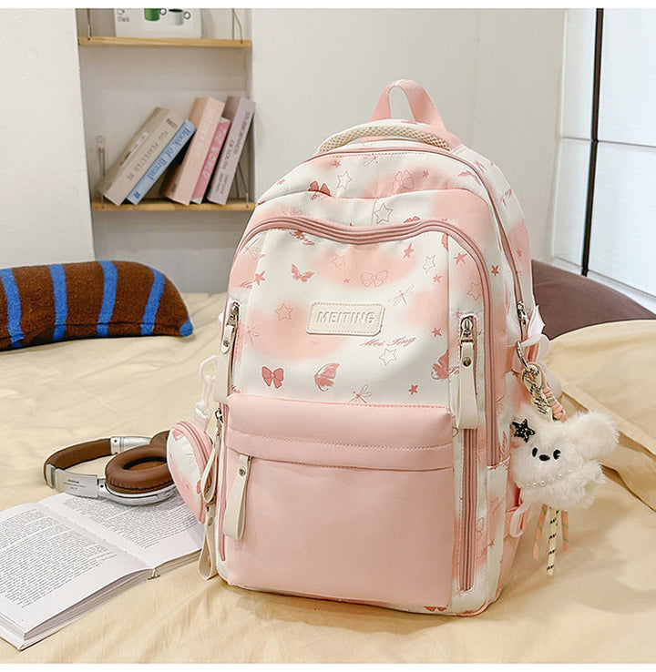 Floral-Print Multi-Pocket School Backpack