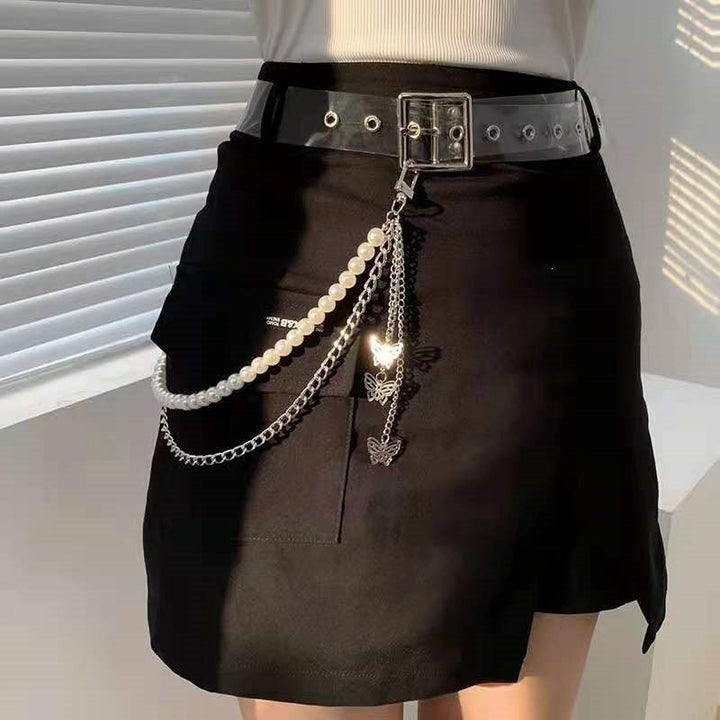 Fashionable belt with pearl and chain pendants Kalsten