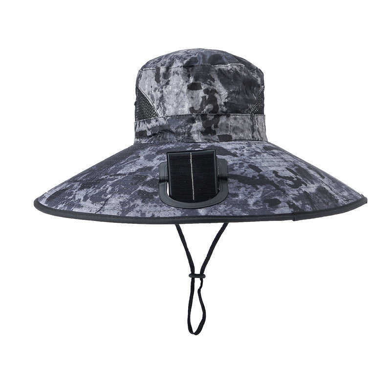 Wide-brimmed outdoor sun hat with solar-powered micro fan, breathable mesh and adjustable chin strap Kalsten