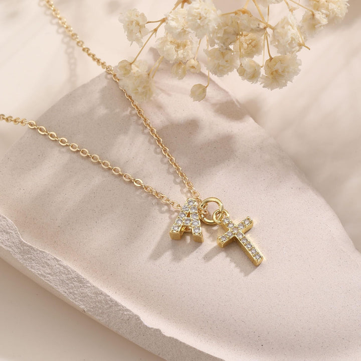 Kalsten | Dainty Diamond Initial & Cross Necklace
