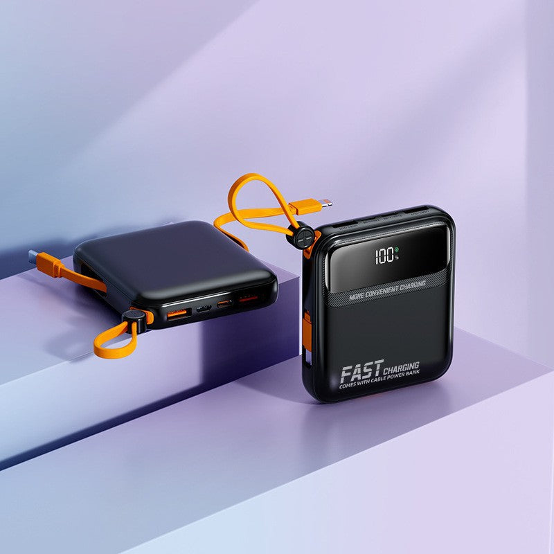 Compact power bank with integrated cable management and digital charge level display Kalsten