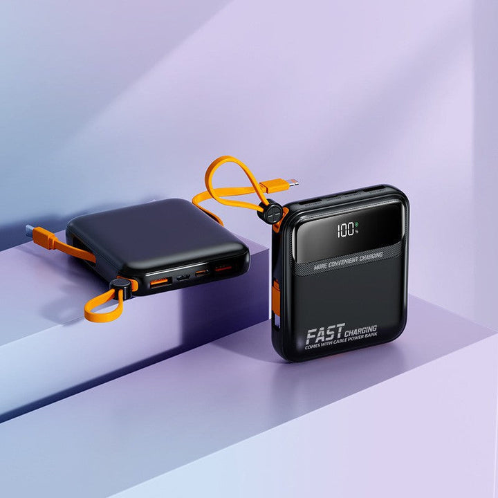Compact power bank with integrated cable management and digital charge level display Kalsten
