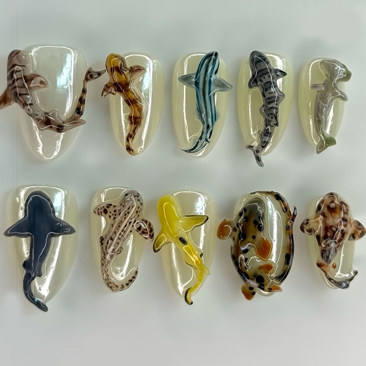 Artistic Shark-Themed Press-On Nail Art Kalsten