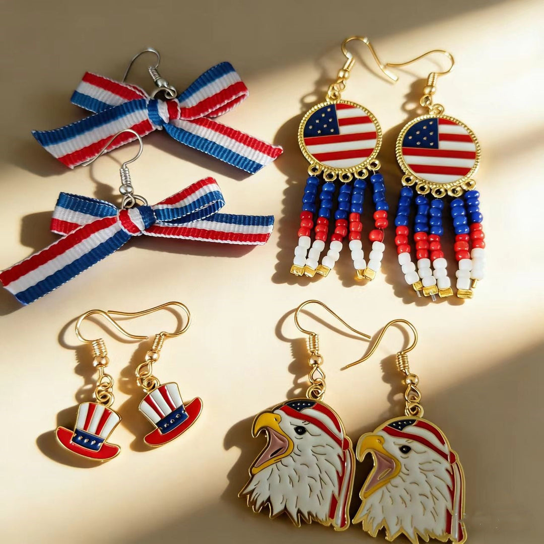 Ladies nan patriotic pearl earrings with US flag motif and fringes Kalsten