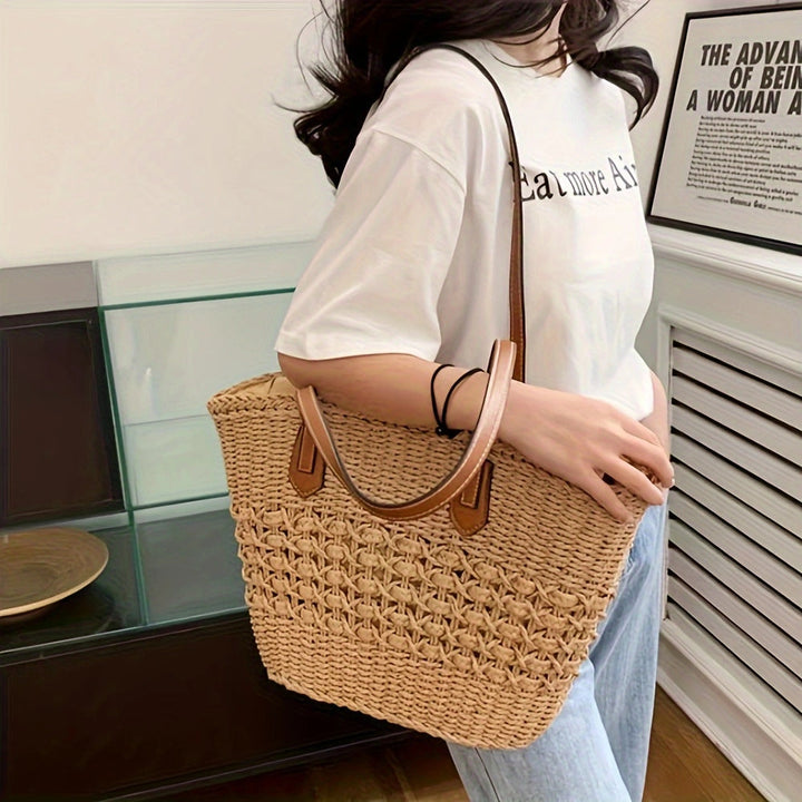 Handbag with Woven Design and Leather Handles Kalsten