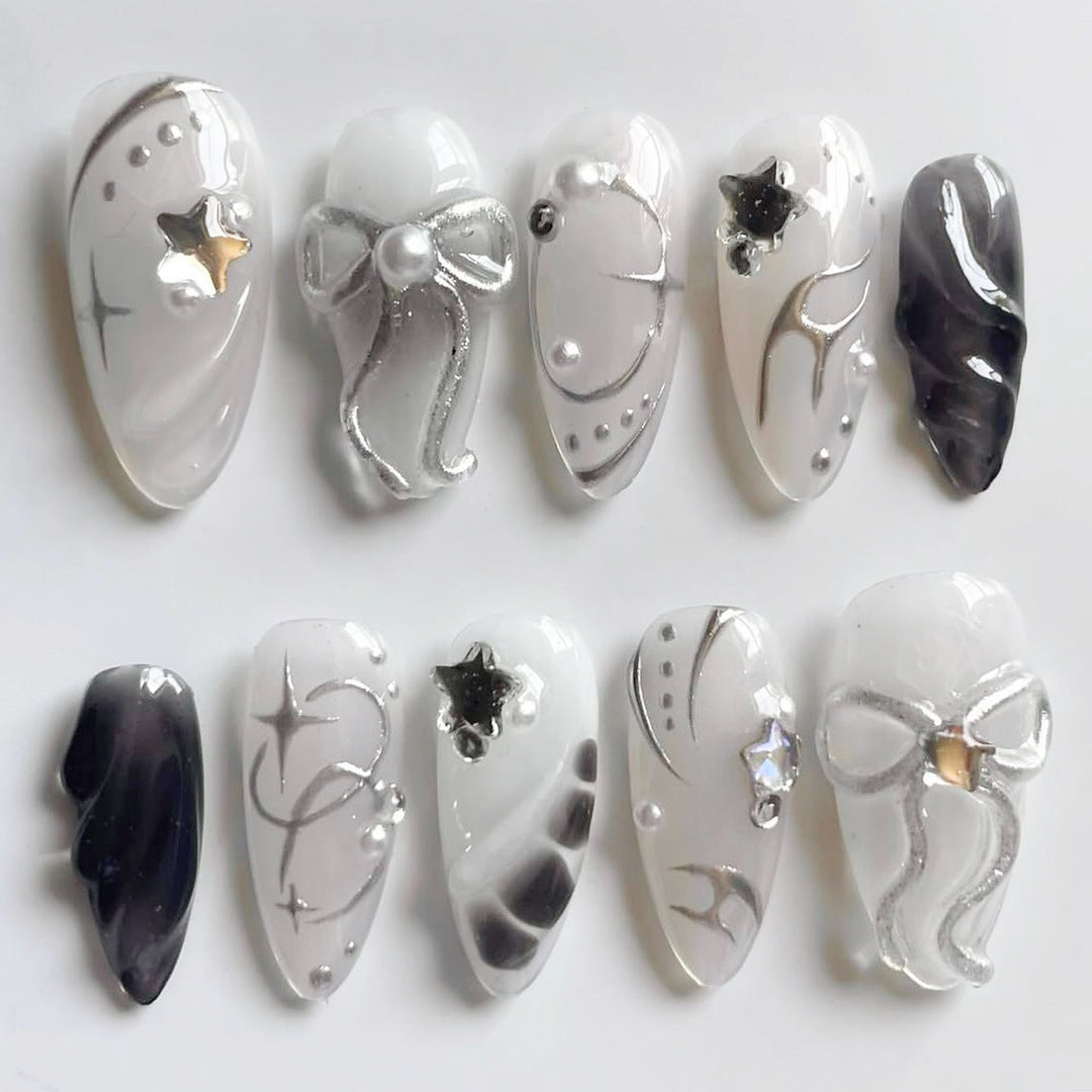 Creative Press-On Nail Art Set with Elegant Silver Accents Kalsten