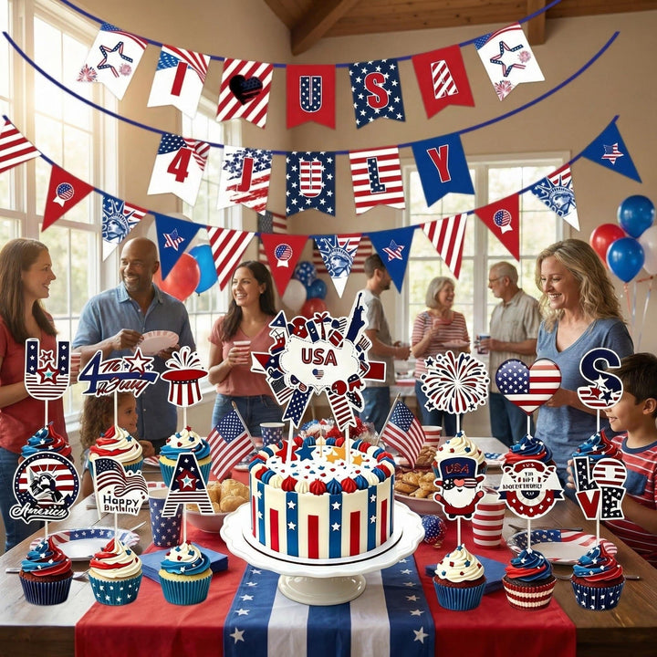 Unisex nan multiple cupcake topper set with patriotic USA motifs made of double-sided printed cardboard and wooden skewers Kalsten