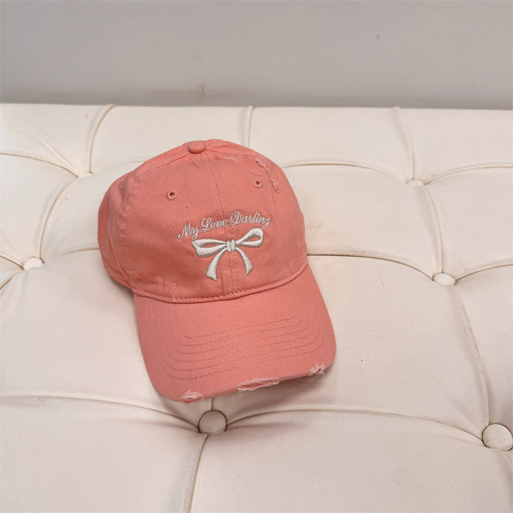 Women's Distressed Cotton Baseball Cap with Bow Embroidery Kalsten
