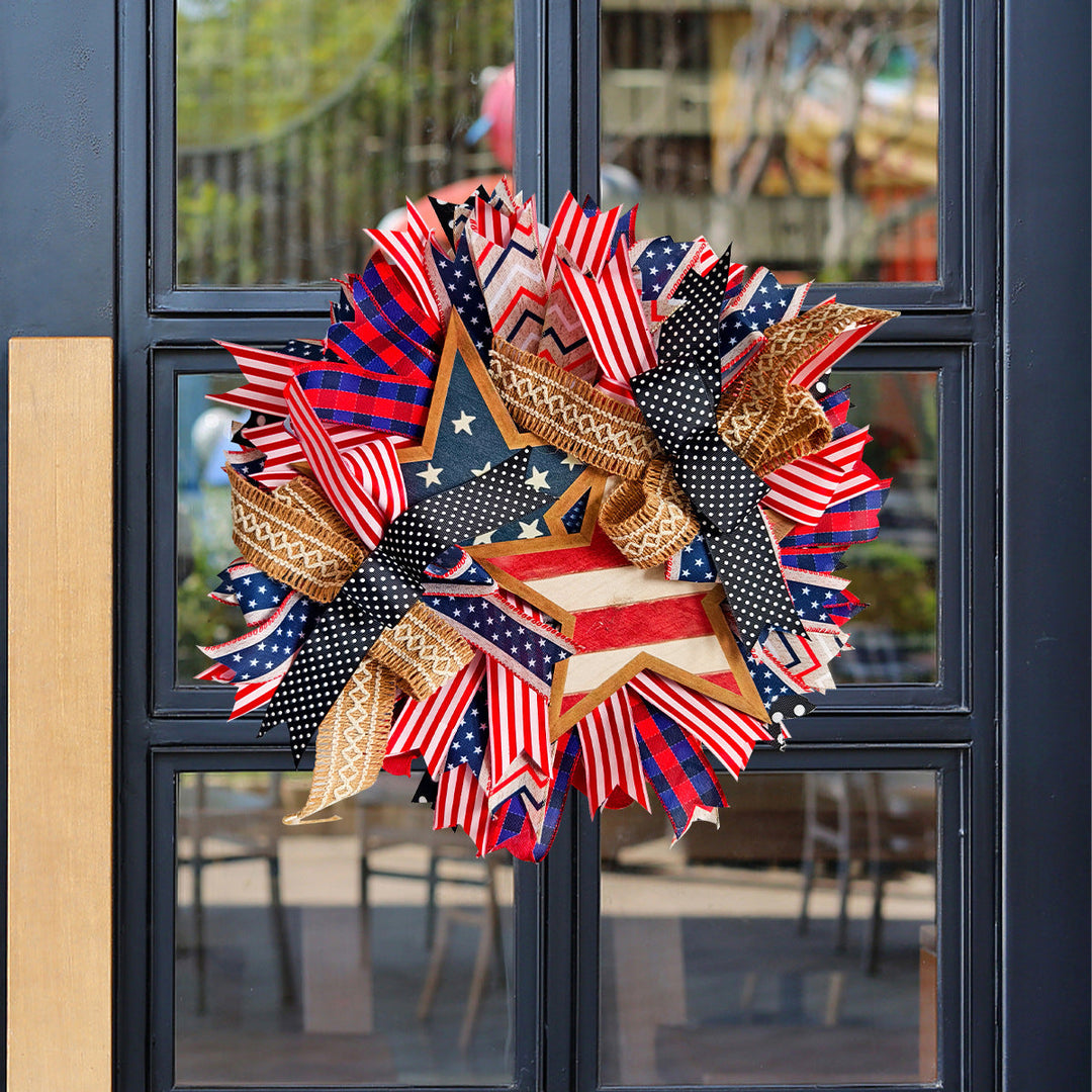 Unisex nan more patriotic door wreath with wooden star, multi-layered fabric bows and rustic jute ribbon Kalsten