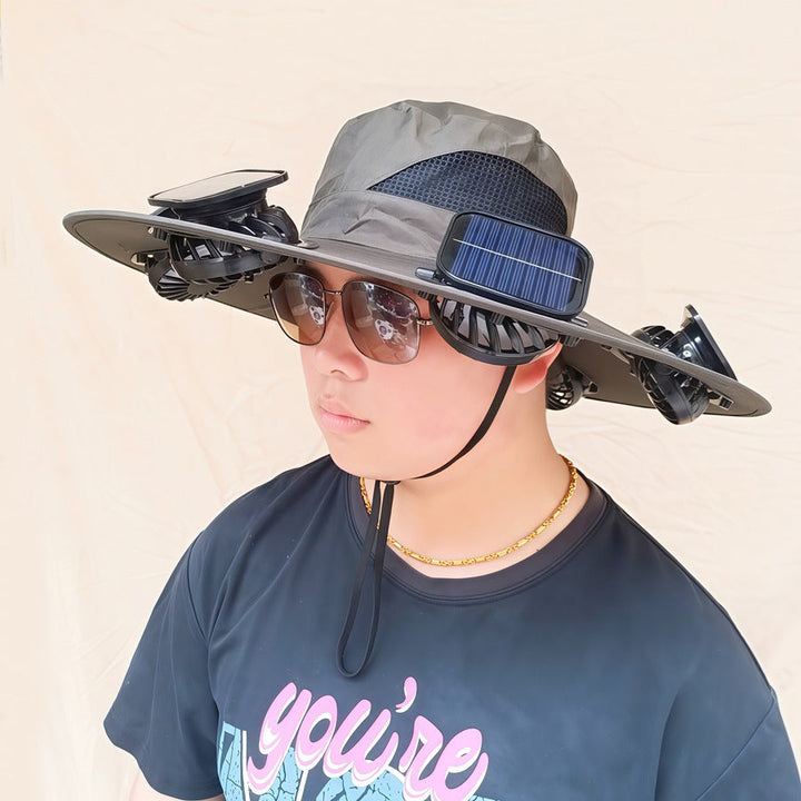 Wide-brimmed sun hat with detachable swivel solar fans and adjustable chin strap Kalsten