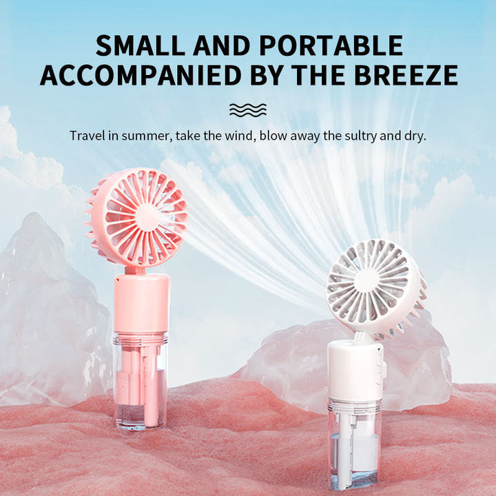 Cooling compact rechargeable folding misting handheld fan with transparent water reservoir detachable base and four speed brushless motor Kalsten
