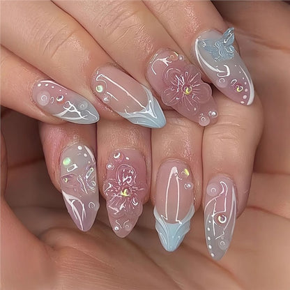 Decorative Stiletto Press-On Nail Art with Floral Accents Acalora