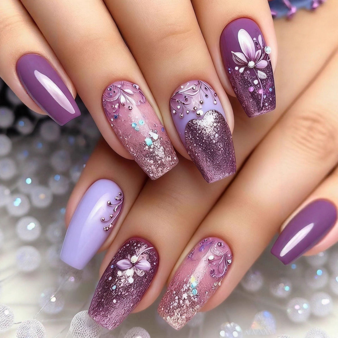 Artificial nails with floral glitter design Kalsten