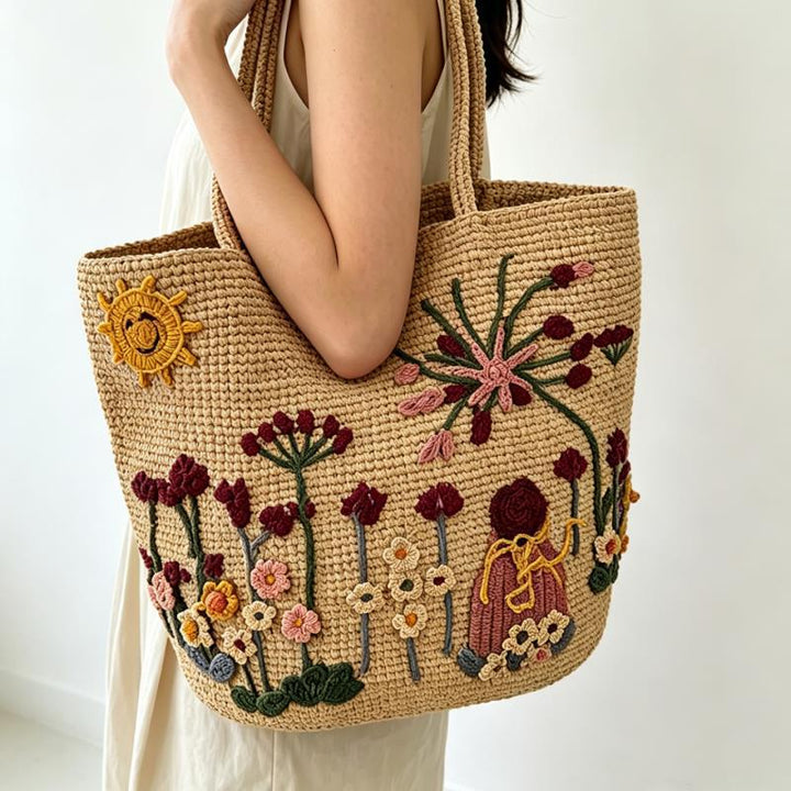 Handmade straw bag with floral embroidery design Kalsten
