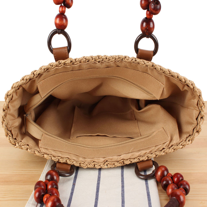 Handbag with Decorative Wooden Beads and Natural Wicker Kalsten