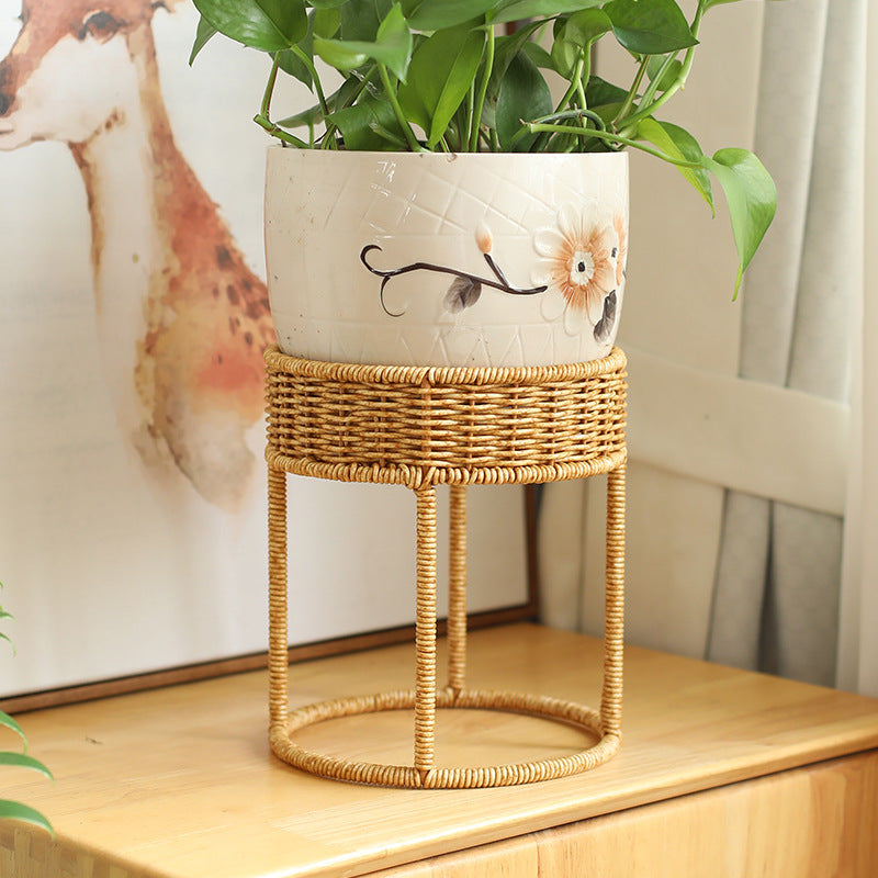 Unisex Modern Plant Stand with Woven Basket and Metal Frame Kalsten