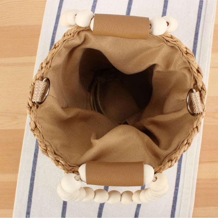 Handbag Made of Woven Natural Material with Decorative Wooden Handle Kalsten