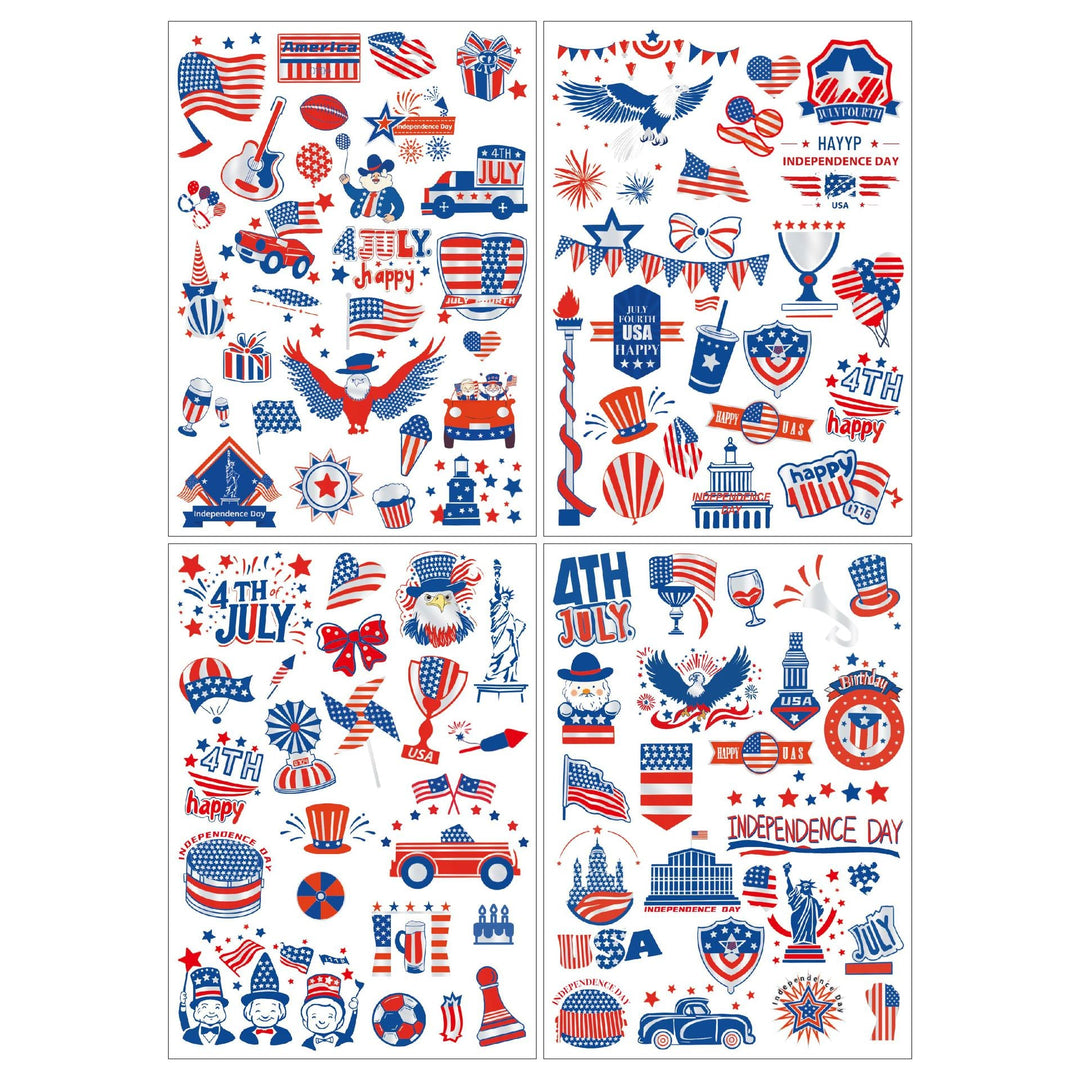 Independence Day illustrated temporary tattoo sheets with assorted patriotic icons skin-safe waterproof Kalsten