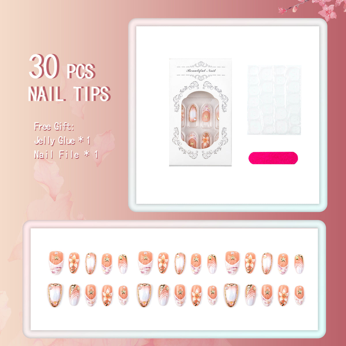Artificial nail set with delicate flower and glitter decorations Acalora
