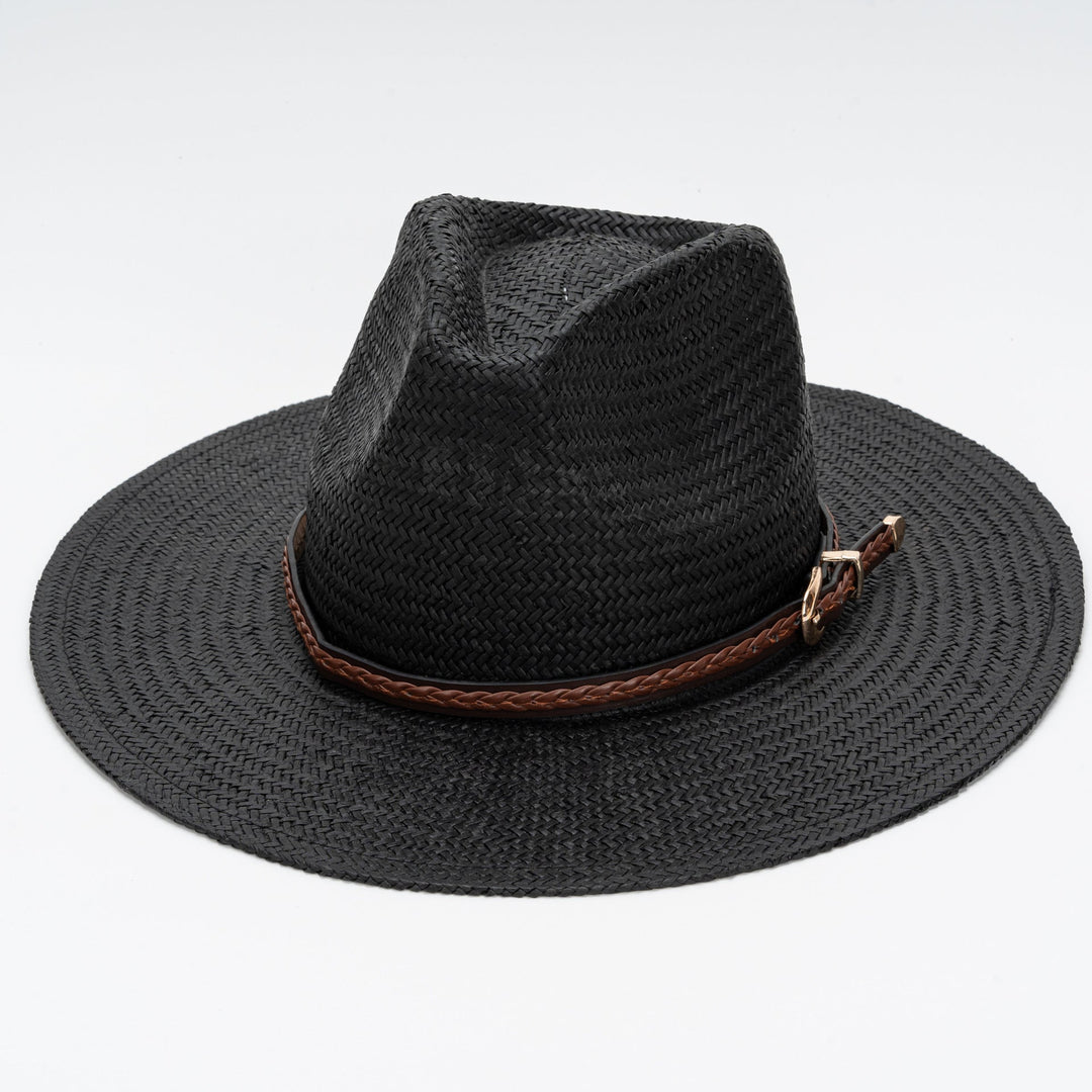 Straw Flat Brim Hat with Leather Trim | Kalsten