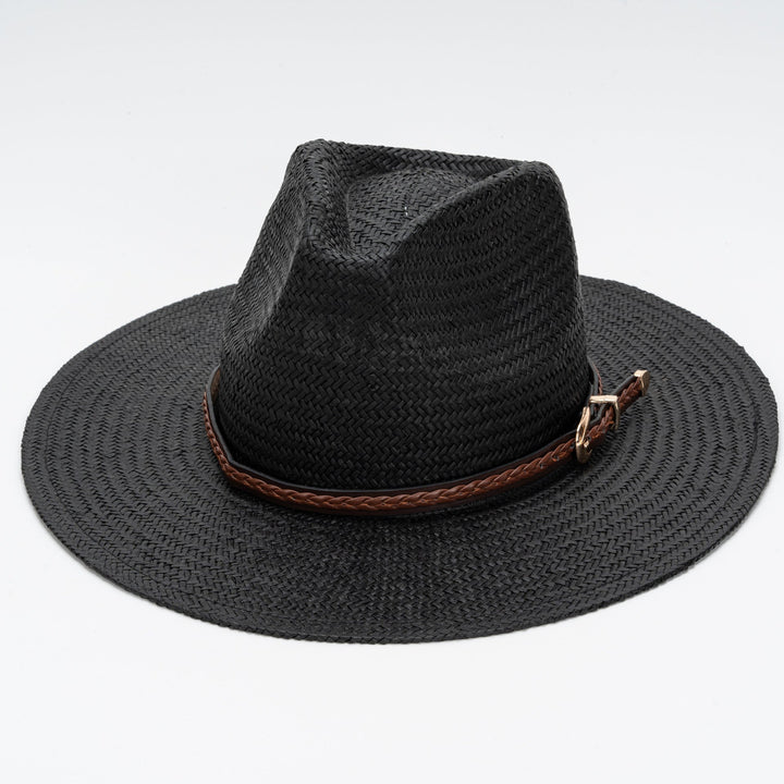 Straw Flat Brim Hat with Leather Trim | Kalsten