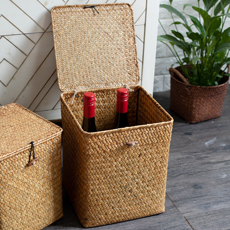 Unisex Rectangular Storage Basket with Lid made of Natural Material Kalsten
