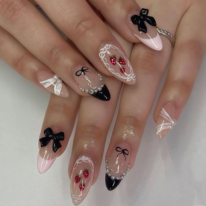 Artistic Press-On Nail Set with Bow and Berry Design Kalsten