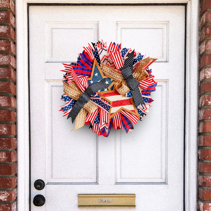 Unisex decorative door wreath in country style with wooden star, ribbons and versatile bands Kalsten
