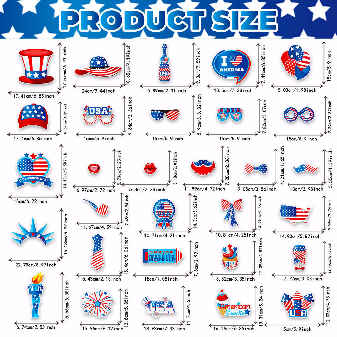 Independence Day Patriotic Photobooth Prop Sticker Kit with Wooden Sticks and Removable Adhesive Dots Kalsten