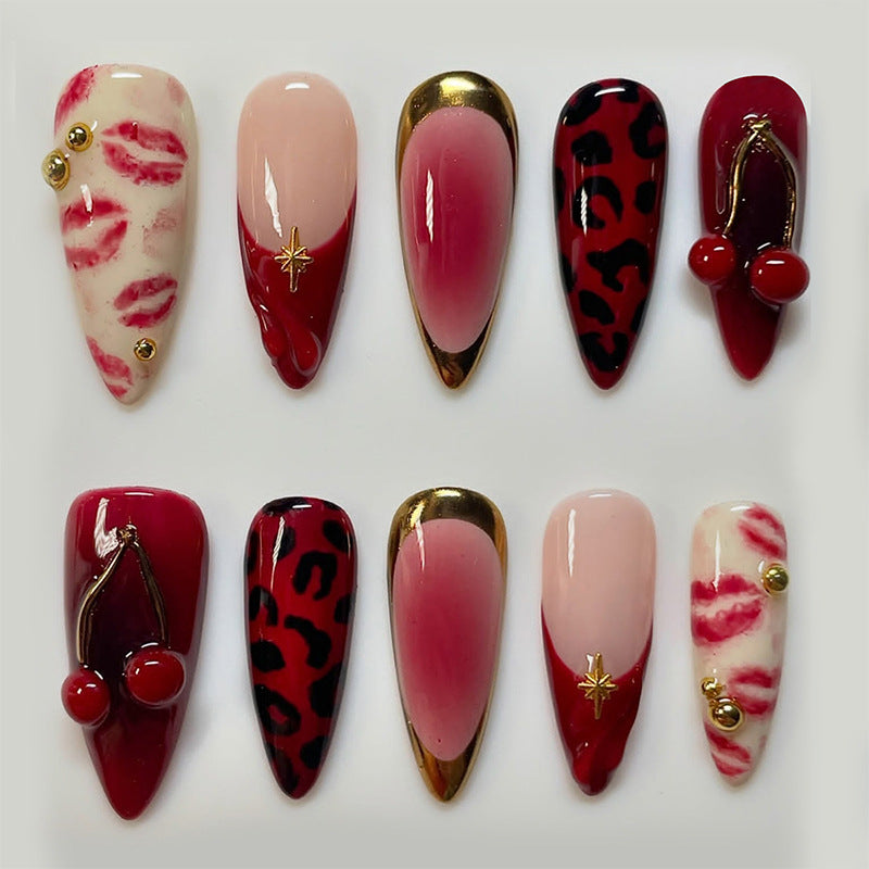 Decorative Press-On Nail Art Set with Luxurious Kiss and Leopard Inspired Designs Acalora