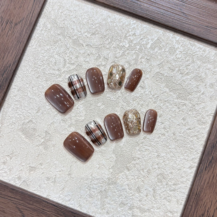 Artificial Nail Set with Glitter and Gold Accents Kalsten