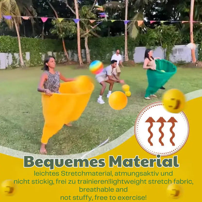 Outdoor catch game with giant pants for group fun