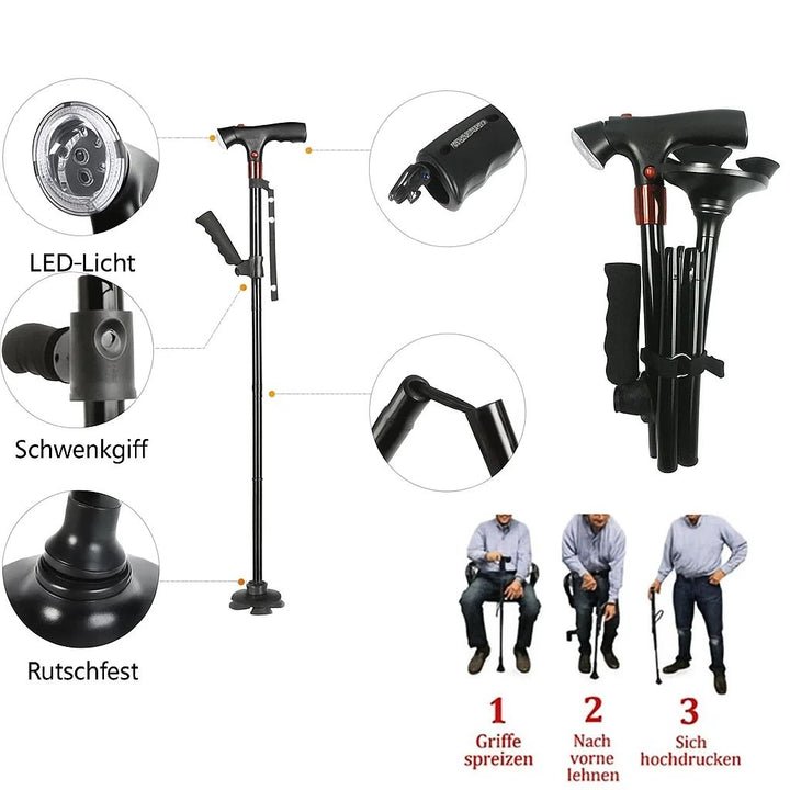 Kalsten | Foldable Walking Cane with LED Light | Height Adjustable | Anti-Slip Base | Alarm Function | Lightweight Aluminum