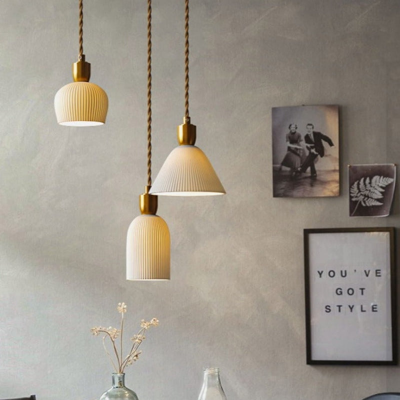 Retro Pleated Ceramic Brass Cocoon Pendant Lamp | Kalsten
