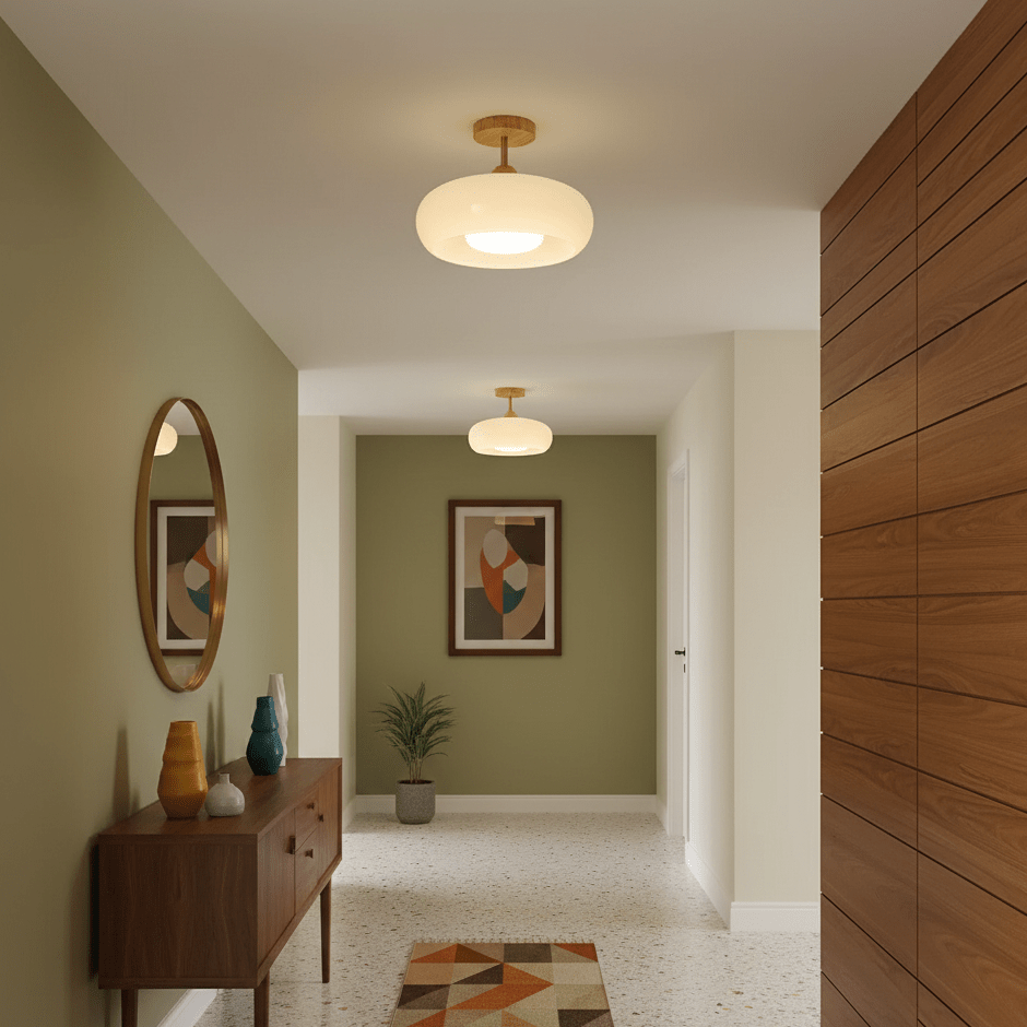 Plafonnier Ceiling Lamp Wood Glass 11 in Orange White Indoor Dining Bedroom Lighting Fixture | Kalsten